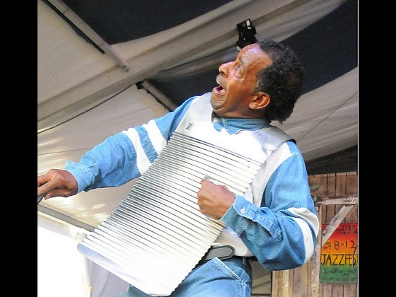 Nathan & the Zydeco Cha Chas's frottoir player at Jazz Fest [Photo by Black Mold]