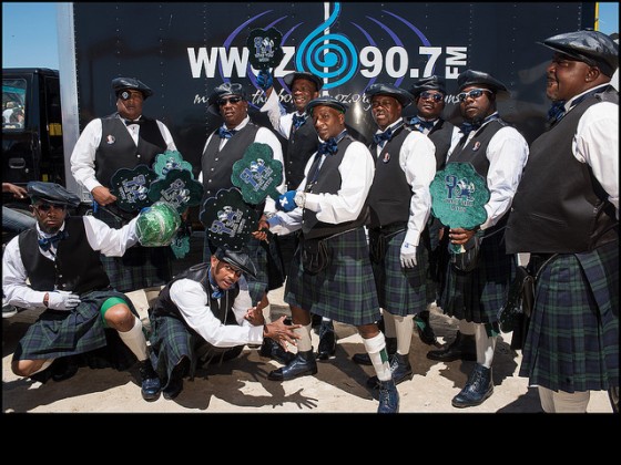 Nine Times in front of the WWOZ production truck before the Jazz Funeral for Allen Toussaint with Single Ladies Single Men and Nine Times Social Aid and Pleasure Clubs during day two of Jazz Fest 2016.