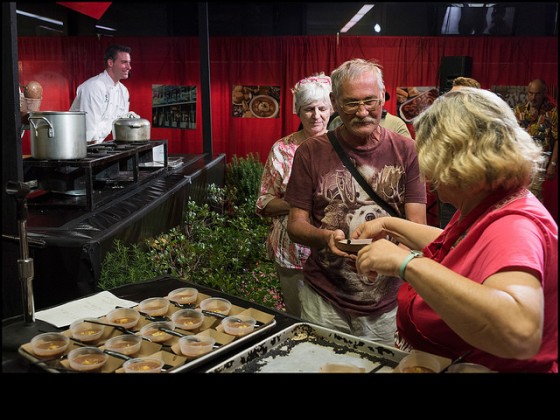 Chef Ryan Shepard make Red Bean Bisque at the Food Heritage Stage for a Tribute to Chef Paul Prudhomme at Jazz Fest 2016 Day 6. [Photo by Ryan Hodgson-Rigsbee]