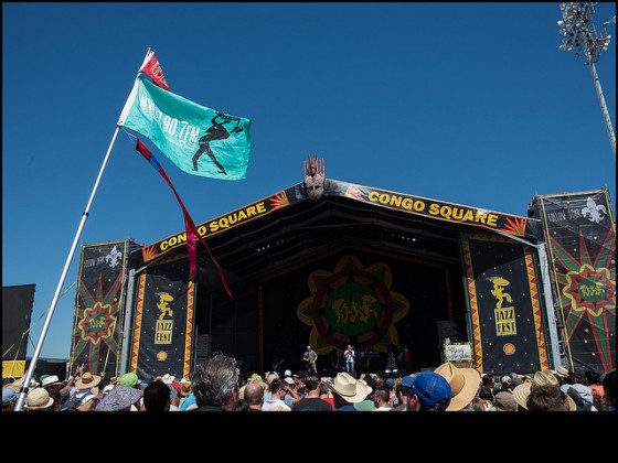 WWOZ flag flying high over Congo Square Stage [Photo by Ryan Hodgson-Rigsbee]