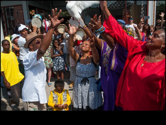 A dove was released in memory of passed community members during the Mardi Gras Indian Hall of Fame at the Ashe Cultural Arts Center, August 9, 2015 [Photo by Ryan Hodgson-Rigsbee, rhrphoto.com. Learn more: http://www.wwoz.org/new-orleans-communit...