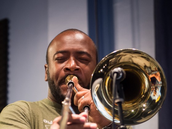 Treme Brass Band, live in the studio at WWOZ on July 28, part of a weeklong series of in-studio performances previewing this year's SatchmoFest lineup [Photo by Kate Gegenheimer, kategeg.com]