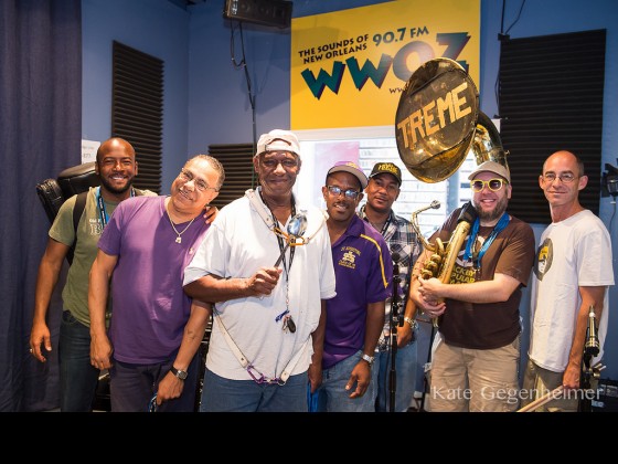 Treme Brass Band, live in the studio at WWOZ on July 28, part of a weeklong series of in-studio performances previewing this year's SatchmoFest lineup [Photo by Kate Gegenheimer, kategeg.com]