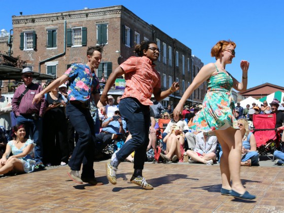 Fleur de Lindy dancers and lessons at the Traditional Jazz Stage at French Quarter Fest 2019 [Photo by Bill Sasser]