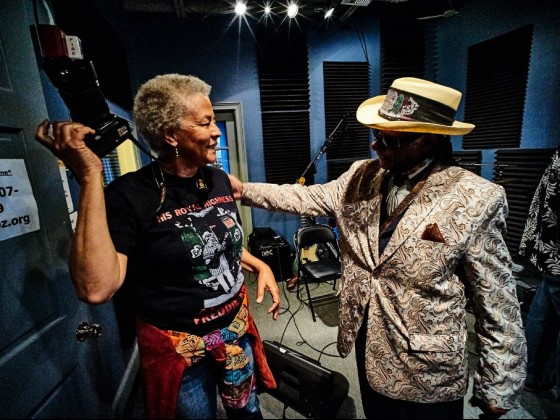 Kichea S. Burt with Little Freddie King at WWOZ in 2016 [Photo by Eli Mergel]