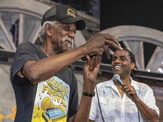 Lazy Lester onstage with Kenny Neal at Jazz Fest 2018 [Photo by Marc PoKempner]