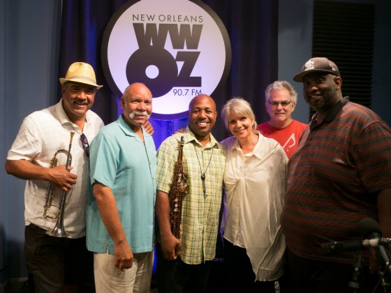 Roderick Paulin (in yellow) with his band and show host Sally Young at WWOZ [Photo by Ken Maldonado]