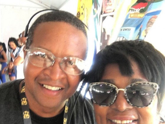 Karen Paige with Donald Lewis (Tuesday WWOZ Livewire reader) at Jazz Fest 2019.