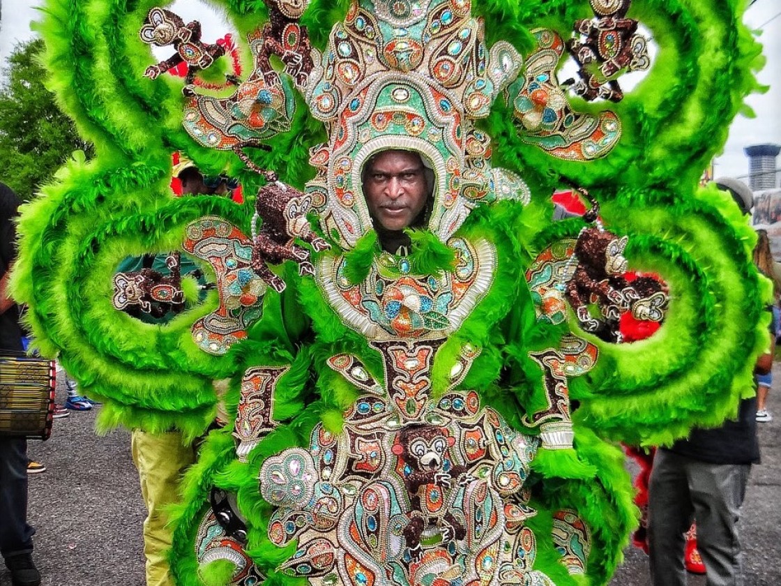 Big Chief Shaka Zulu of Golden Feather on Uptown Super Sunday 2024 [Photo by MJ Mastrogiovanni].