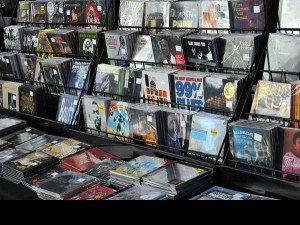 CDs on a rack