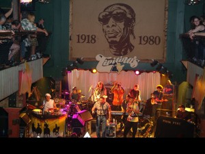 Neville Brothers in front of the Longhair mural at Tipitina's. By Leon Morris.