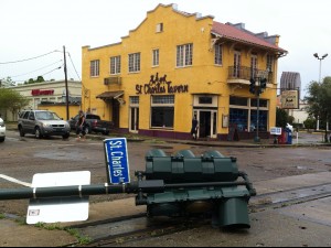 St Charles street light down, but behind it the St Charles Tavern is open.