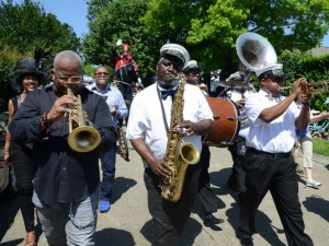 Terence Blanchard leading parade to the Jazz Fest grounds on International Jazz Day 2015 [Photo by Leon Morris]