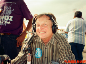Chris Strachwitz on-air with WWOZ at Jazz Fest in 1993, courtesy of the Arhoolie Foundation