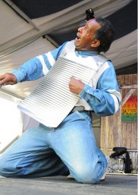 Nathan & the Zydeco Cha Chas's frottoir player at Jazz Fest [Photo by Black Mold]