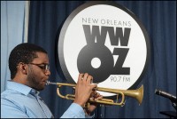 Jelani Bauman of Jesse McBride and the Next Generation, in studio during the WWOZ 2016 Spring Membership Drive [Photo by Ryan Hodgson-Rigsbee]