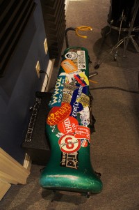 Charlie Halloran's trombone case has seen some miles [Photo by Bill Sasser]