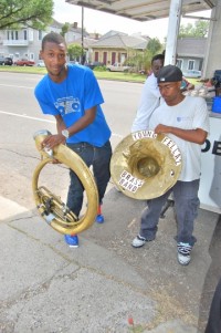 Boudel and Lancaster carry the sousaphone in two pieces!