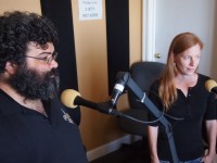 Duane Williams and Jennifer Brady pitching on-air during a 2014 pledge drive